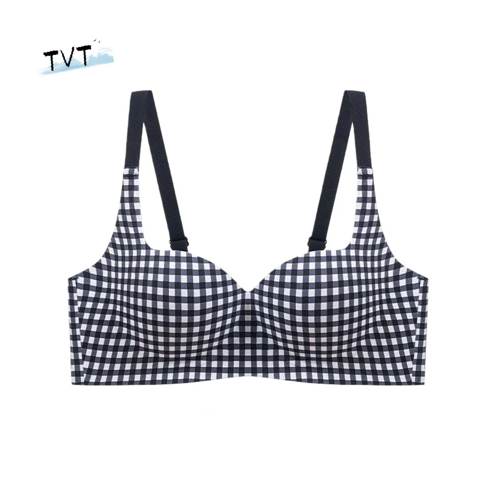 

Traceless Plaid Wireless Bra Deep V Edge Neck Grid Pattern Push Up Underwear Gathered Breasts Lingerie Seamless Bras Girls Women