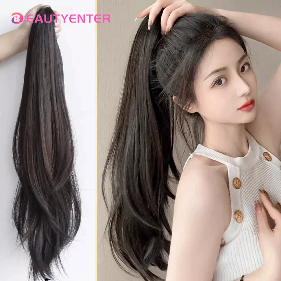 Extensión de cabello sintético para mujer, postizo de cola de caballo con Clip de garra recta y ondulada larga