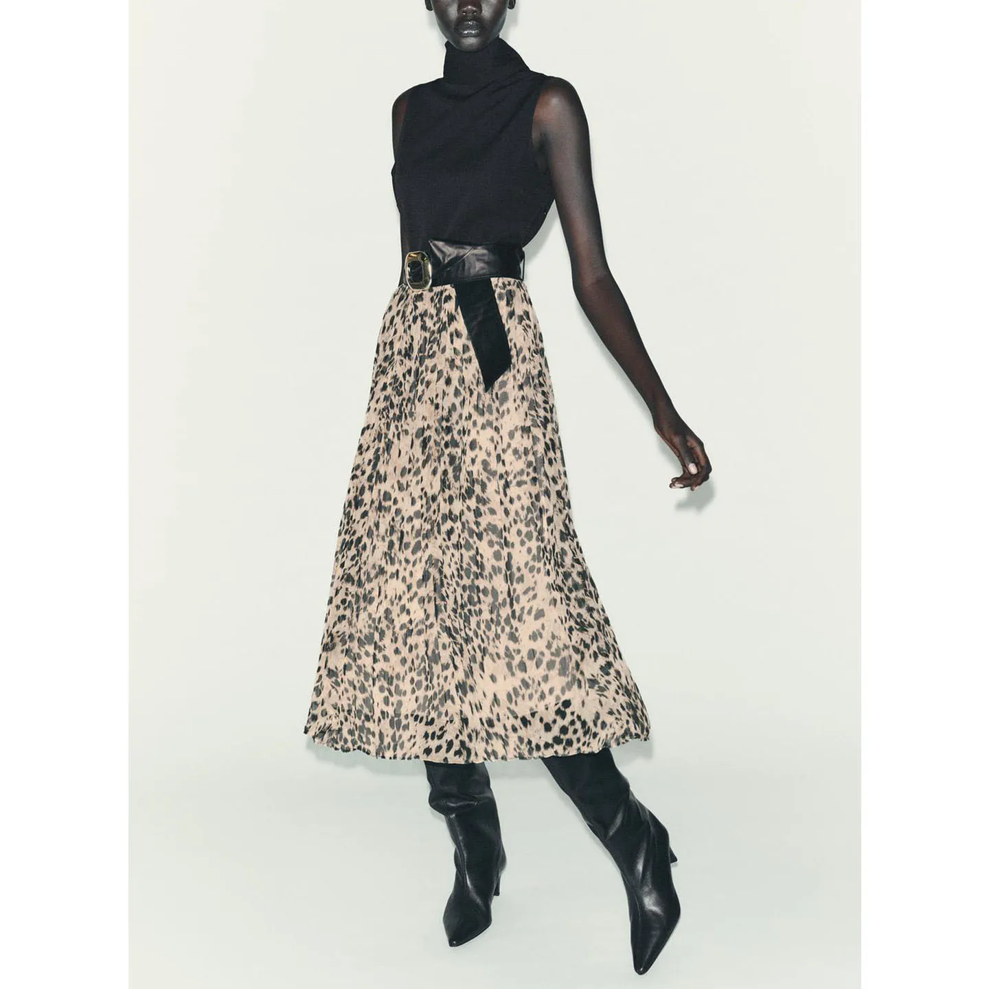 Outono feminino gola alta Svel estampa animal patchwork com cinto Midi Dr tecido de seda reunido versão X bola de ajuste solto...