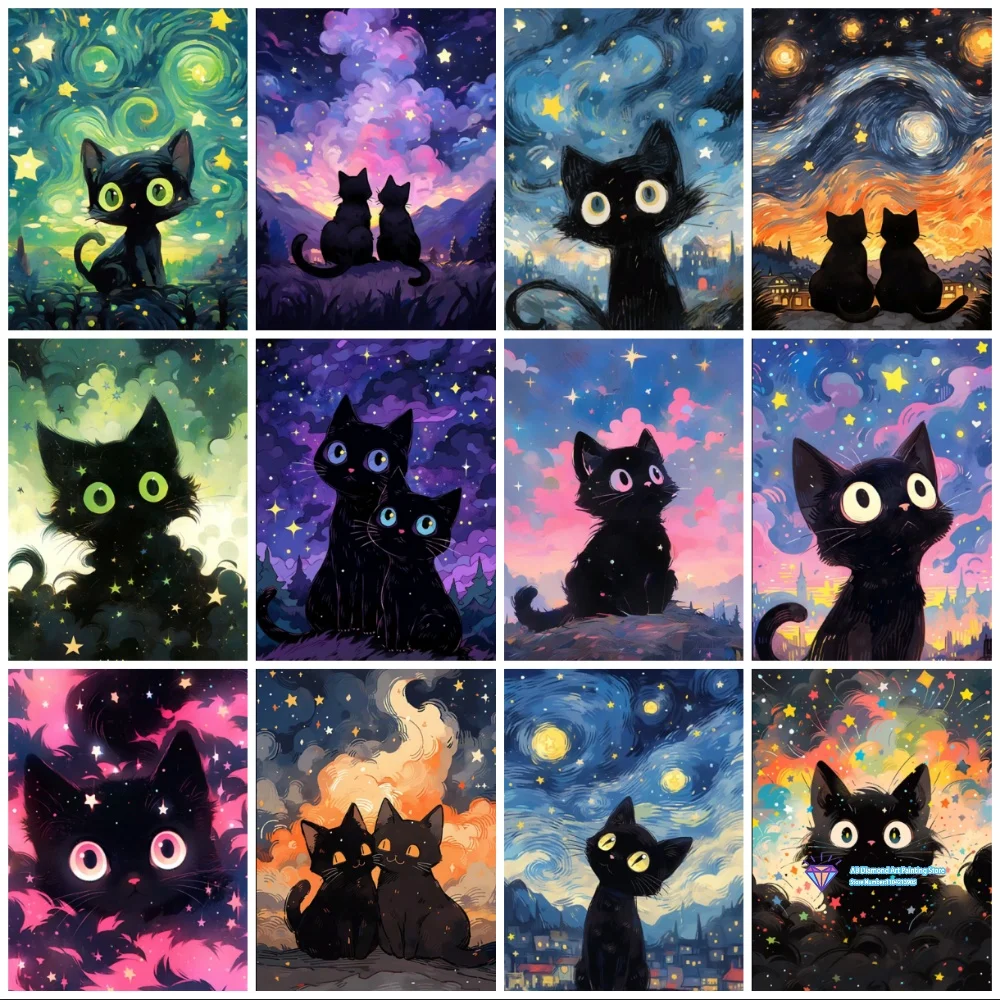 Image of Sternenhimmel und Schwarze Katze Quadratisches Rundes Diamant-Malset 5D DIY Diamant-Stickerei Handgemachtes Kunstgeschenk Handwerk Heimdekoration Geschenk