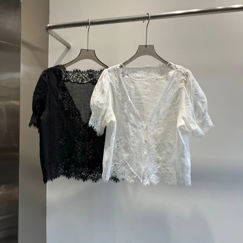 

French-style Lace Embroidery Lightweight and Breathable Ramie Short-sleeved Top