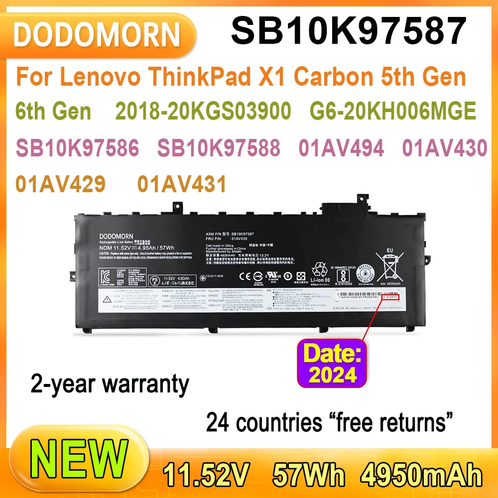 

New SB10K97587 Laptop Battery For Lenovo ThinkPad X1 Carbon 5th Gen ( X1 Carbon 2017) Series,G6-20KH006MGE,2018-20KGS03900 57Wh