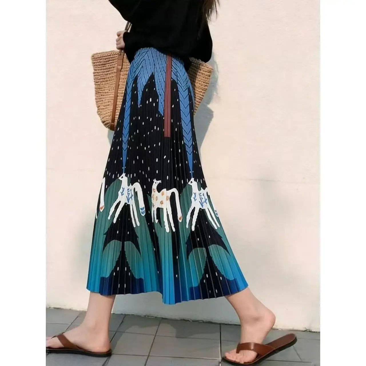 Unique Print Asymmetrical High Waist A-Line Midi Skirt Women's Spring Summer Slimming Hip Covering Artistic Half-length Skirt