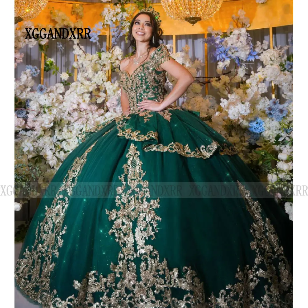 Зеленое бальное платье, платье для Quinceanera 2025, с открытыми плечами, милое, для дня рождения, вечеринки, выпускного вечера, официальное, с аппликацией, платья XV года