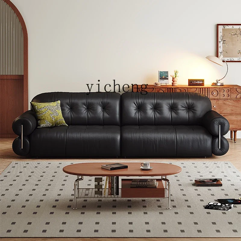 ZC retro leather sofa big black cow medium antique black first layer cowhide living room straight row cloud sofa