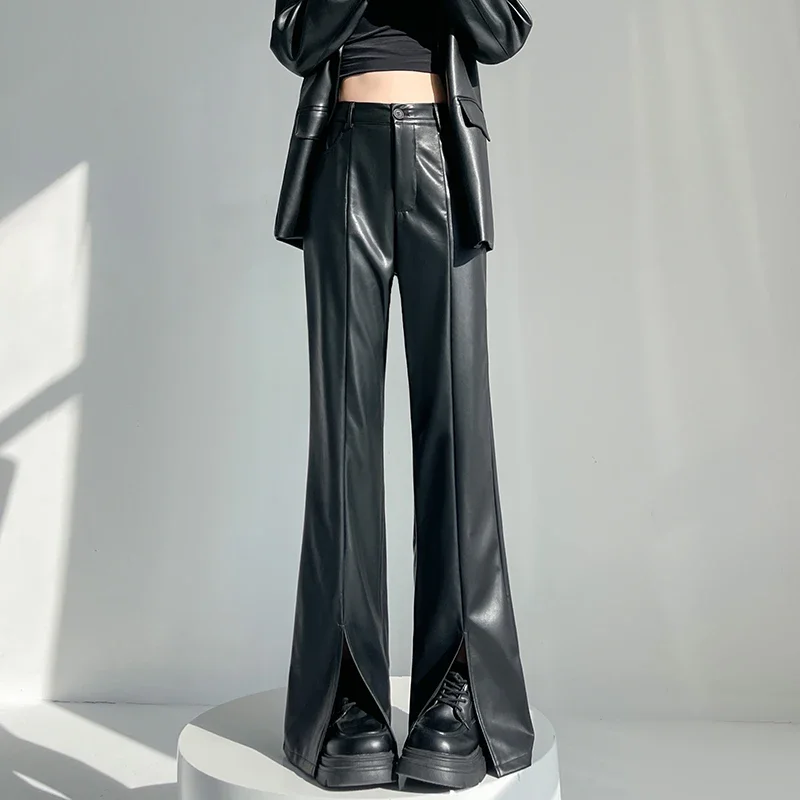 Micro flared split PU leather pants for women, 2024 autumn new style slim fit and flared pants, hanging straight leg floor pants