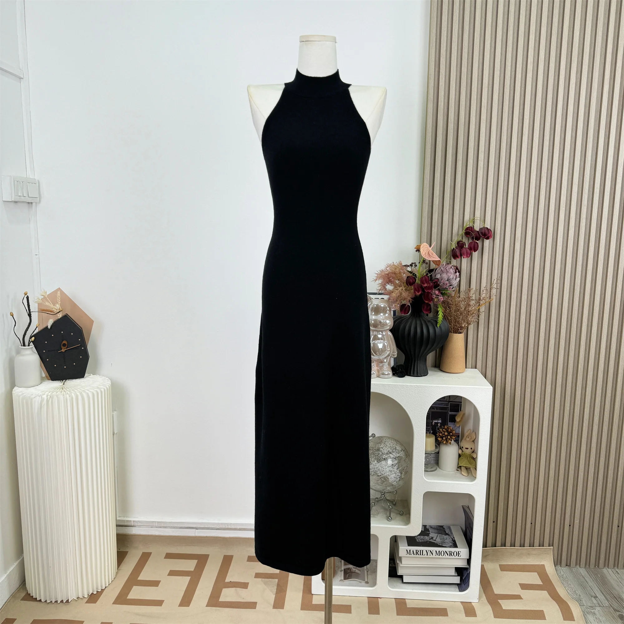 Style coréen cou suspendu épaules dénudées une ligne tricoté robes de soirée douce coupe ajustée Simple longues robes C216