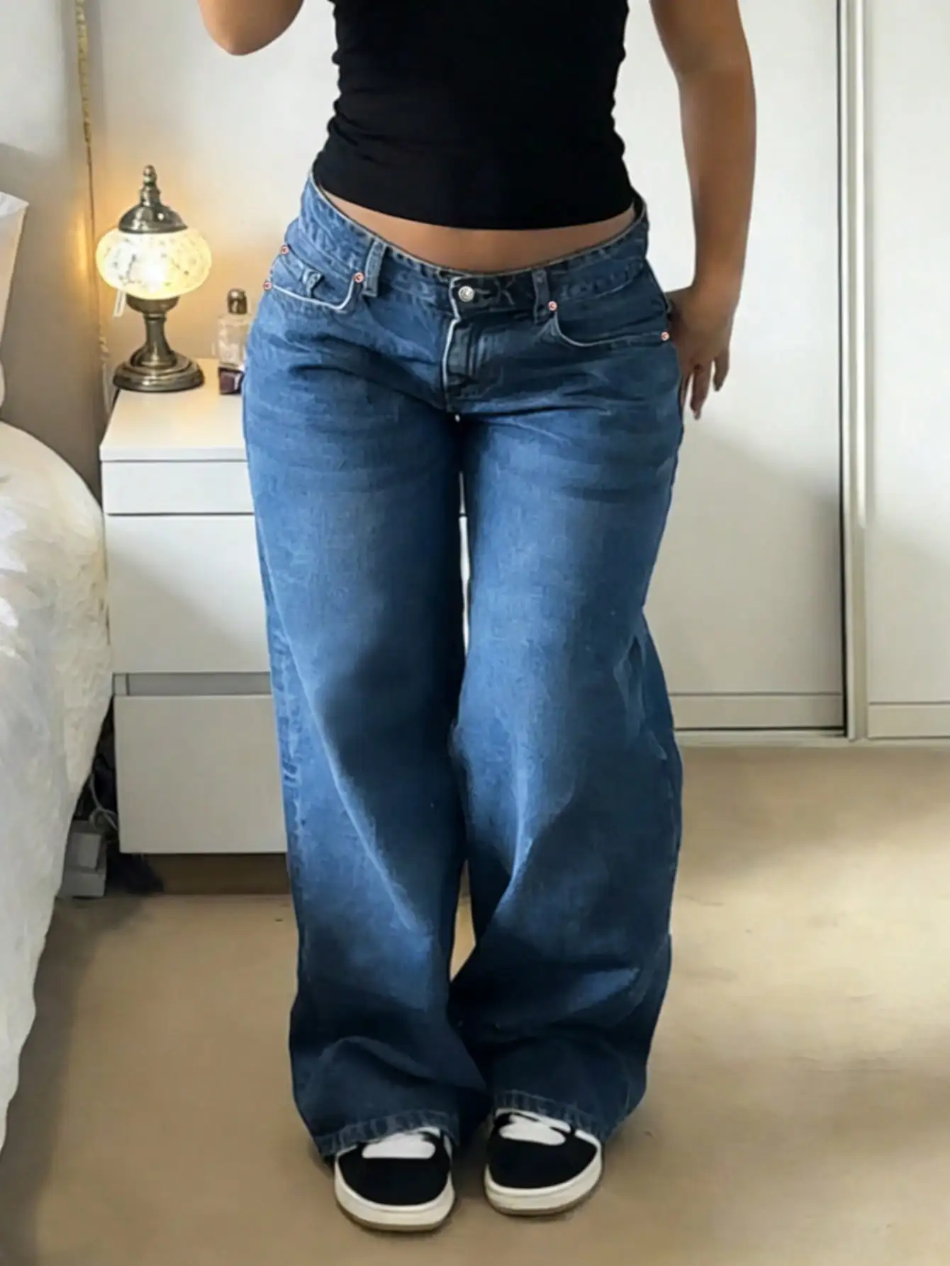 MYOURSA Women's Loose Low Waist Wide Leg Jeans, Vintage Washed Distressed Streetwear Y2K Campus Style Casual Spring