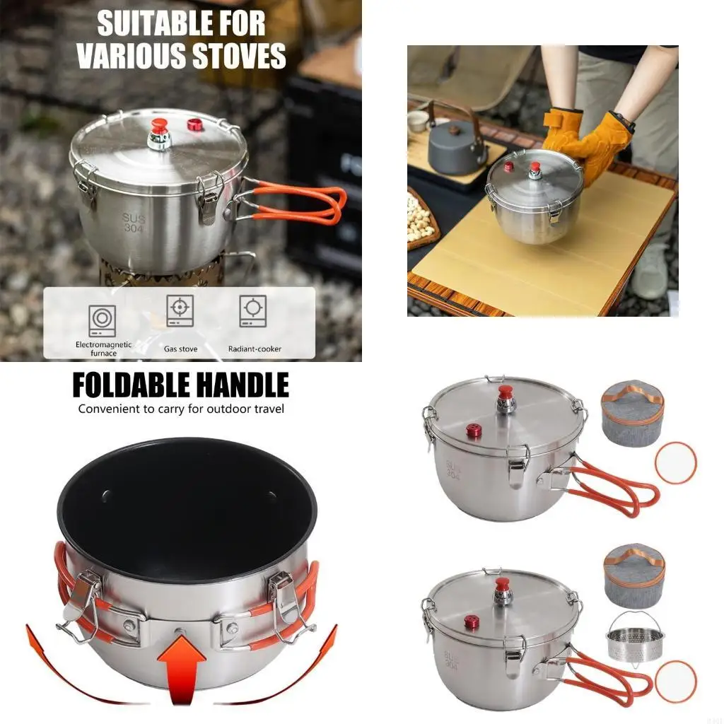 

340F Stainless Steels Stove Pressure Cooker Meats Pots Portable Outdoor Cooking Pots Camping Cookware with Folding Handle