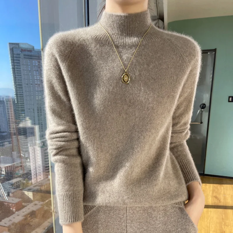 High-necked cashmere sweater women fall/winter 2023 new 100% pure wool sweater ladies knitted loose padded pullover women.