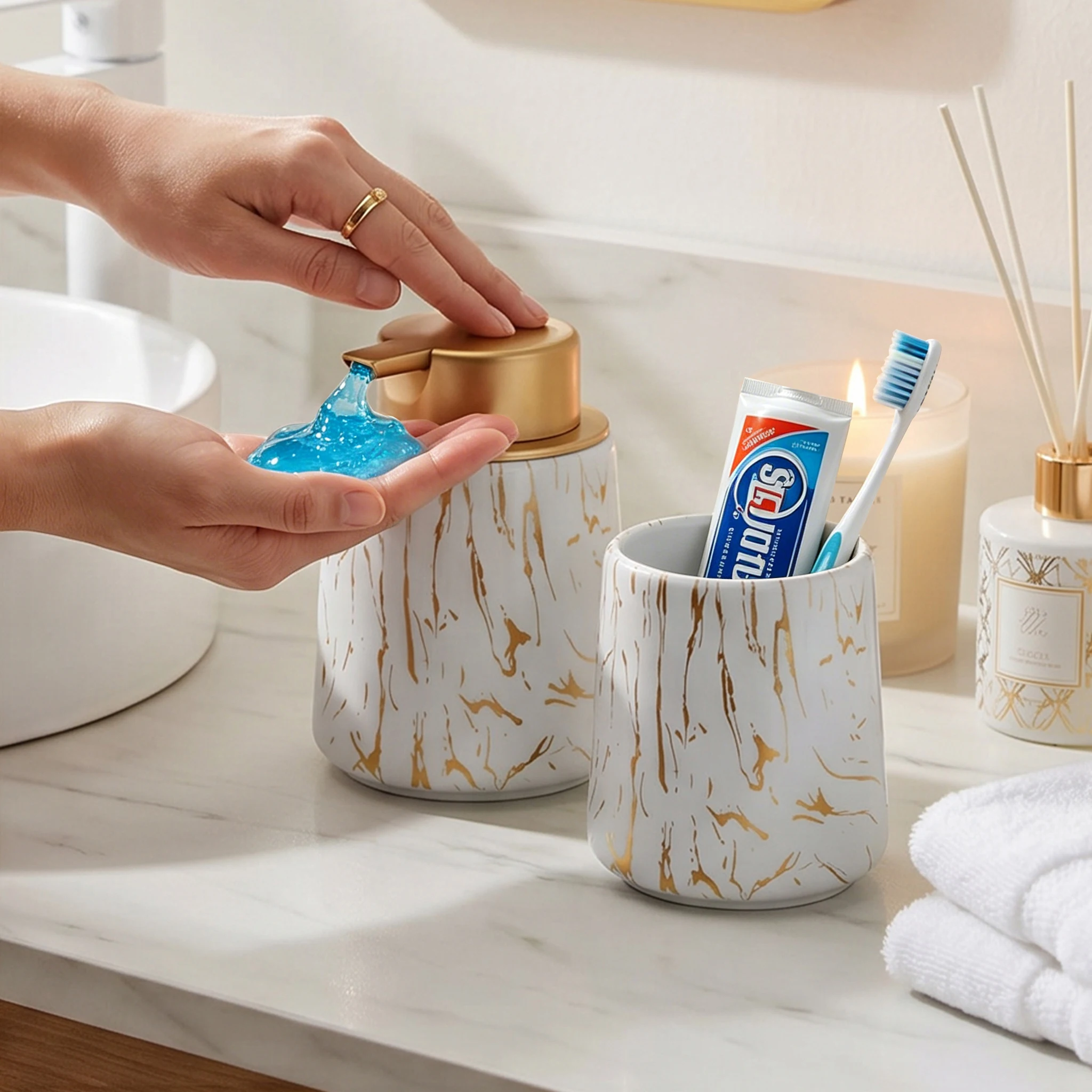 Soap Dispenser with Gold Pump, Multi-Use Bathroom Countertop Hand Soap Dispenser and Storage Cup for Toothbrushes, Makeup Brush