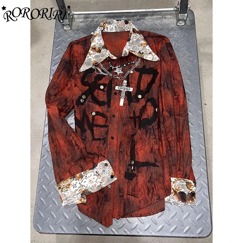 

RORORIRI Vintage Distressed Lace Shirt Women Long Sleeves Lapel Stitch Graffiti Print Metal Buckle Decor Blouse Top Y2k Clothes