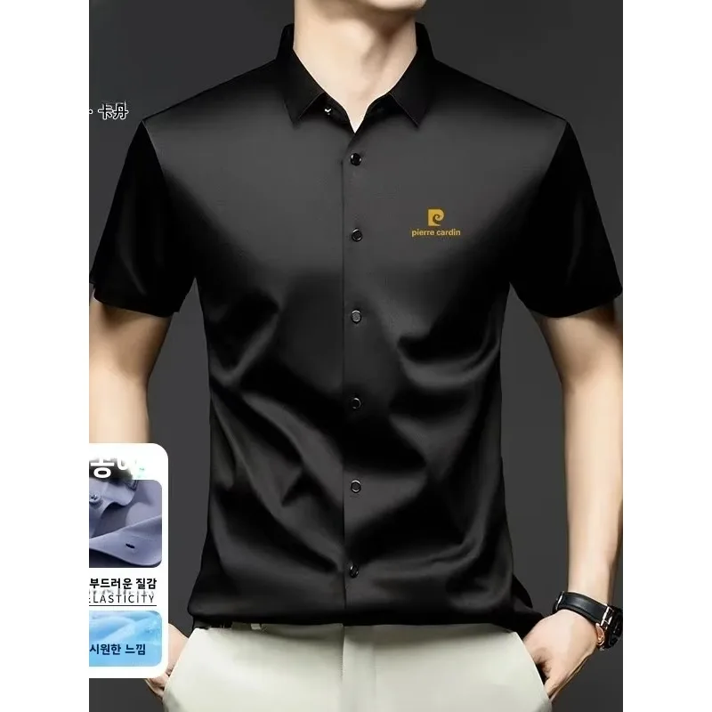 Premium Pierre Cardin Men's Summer Casual Shirt, Ice Silk Short Sleeve, Standard Fit Pure Color Seamless Half Business Wear