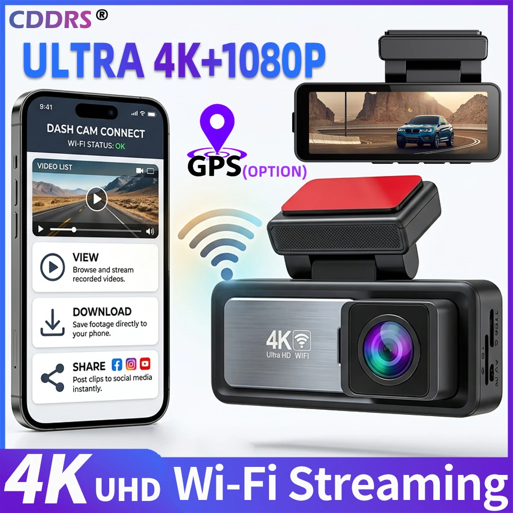 CDDRS 4K WiFi Dash Cam Dual Lens Super Night Vision Parking Monitoring 512GB Loop Recording G-Sensor Car Recorder for Vehicles