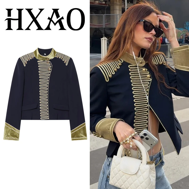 

HXAO Women's Demi-Season Jackets Vintage Button Long Sleeve Jacket Female Cropped Fitted Outerwear Elegant Fashion Streetwear