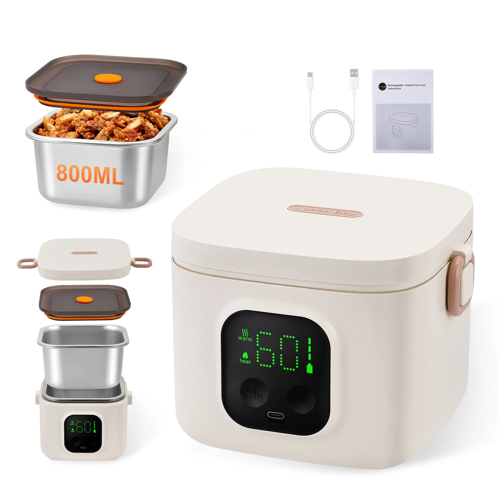 Scaldavivande Elettrico Portatile con Batteria da 16000mAh, Contenitore da 800ml in Acciaio Inox 304 per Bambini, Adulti, Ufficio e Picnic