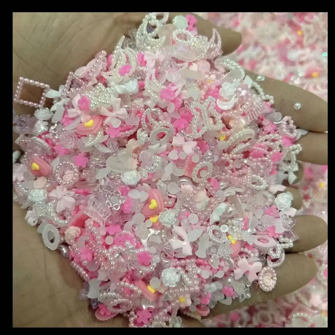 305PCS Random Pink Mixed Resin Charms Flatback Cabochons Bow Heart Flower Pearl DIY Cream Glue Nail Phone Case Decor