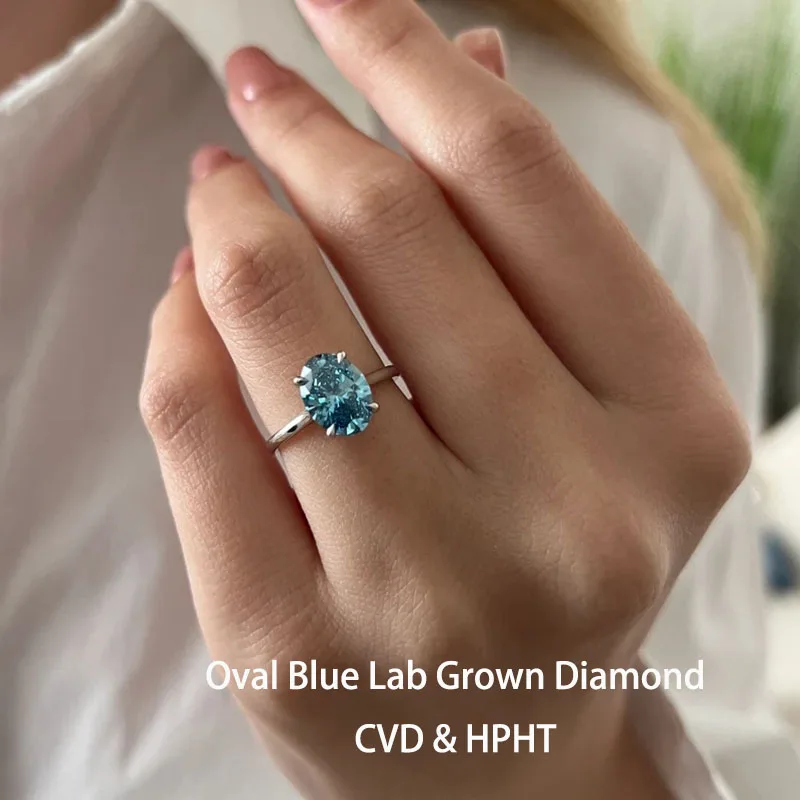IGI Certified 2 Ct Oval Fancy Vivid Blue VS VVS Clarity Lab Grown Diamond 14K Or 18K Gold Engagement Ring