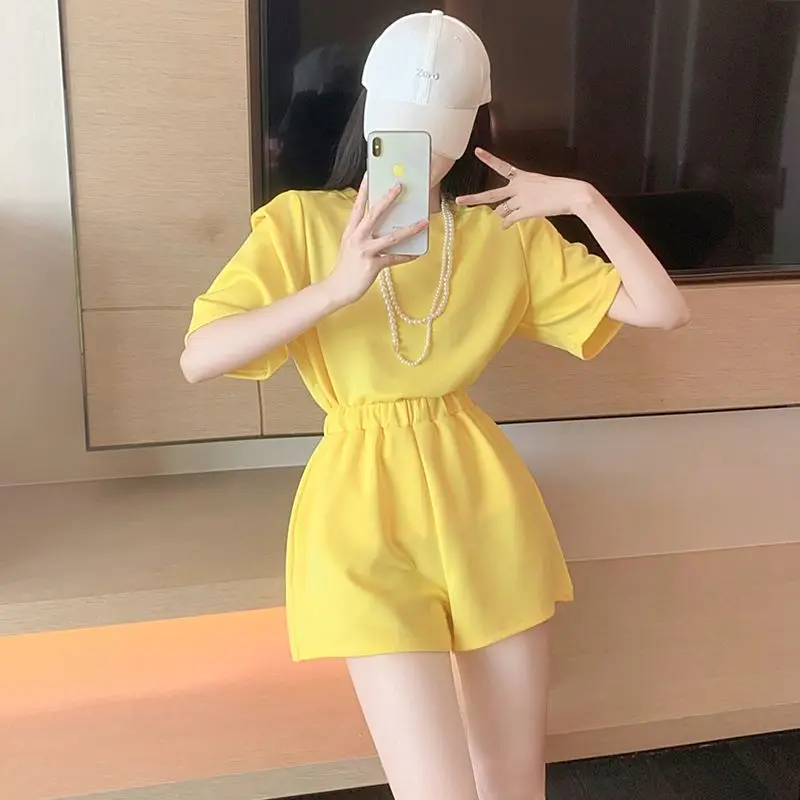 2024 New Summer Casual Korean Solid Color SO-neck Short Sleeve Matching Sets Simplicity Elastic Waist Short Sets Women Clothing