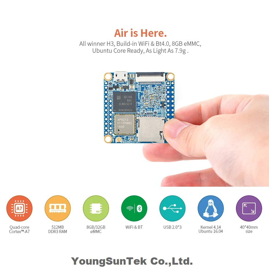 Imagem -02 - Nanopi Neo Air Lts e Dissipador de Calor 512m Ram 8g Emmc Youngsuntek Quad Cortexa71.2ghzopenwrtwifi bt Ubuntu Linux Armbian Dietpi Kali