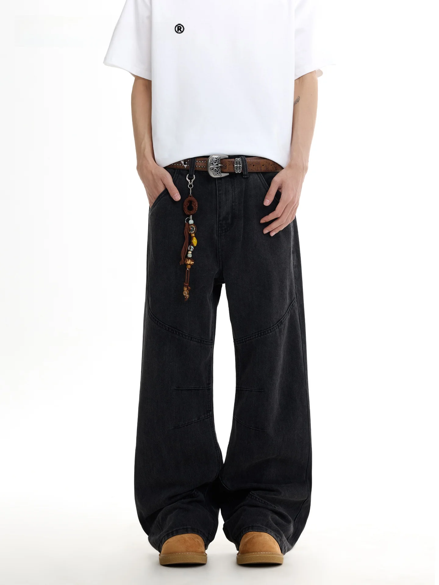 SDMADE American Retro Patchwork Structure Flared Jeans Men's Casual Workwear Long Pants Women's Cotton Polyester Blend