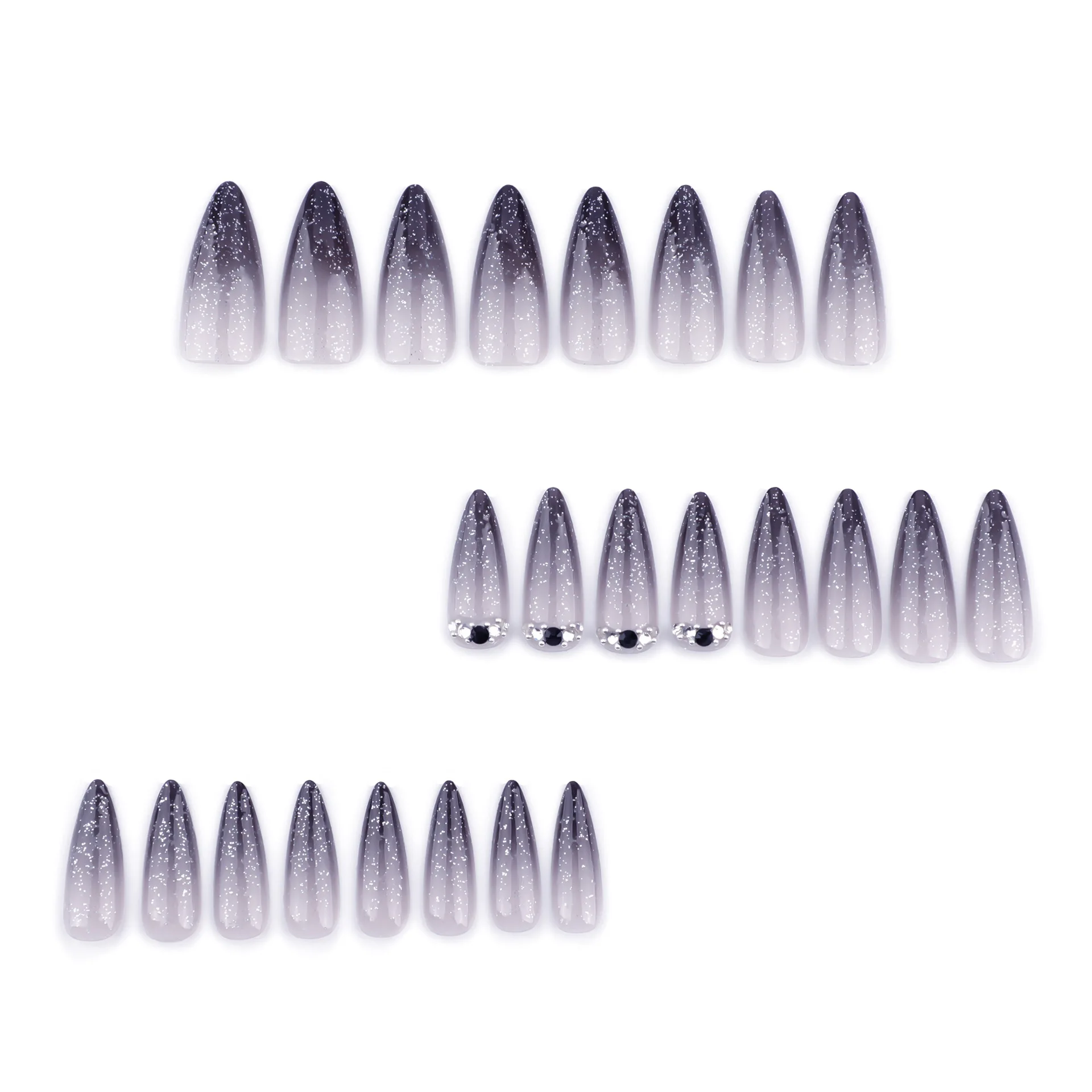 24pcs Y2k Long Stiletto Press On Nails Gradient Black French Style Flash Sequins Fake Nai Diamond Decor False Nail For Hot Girl