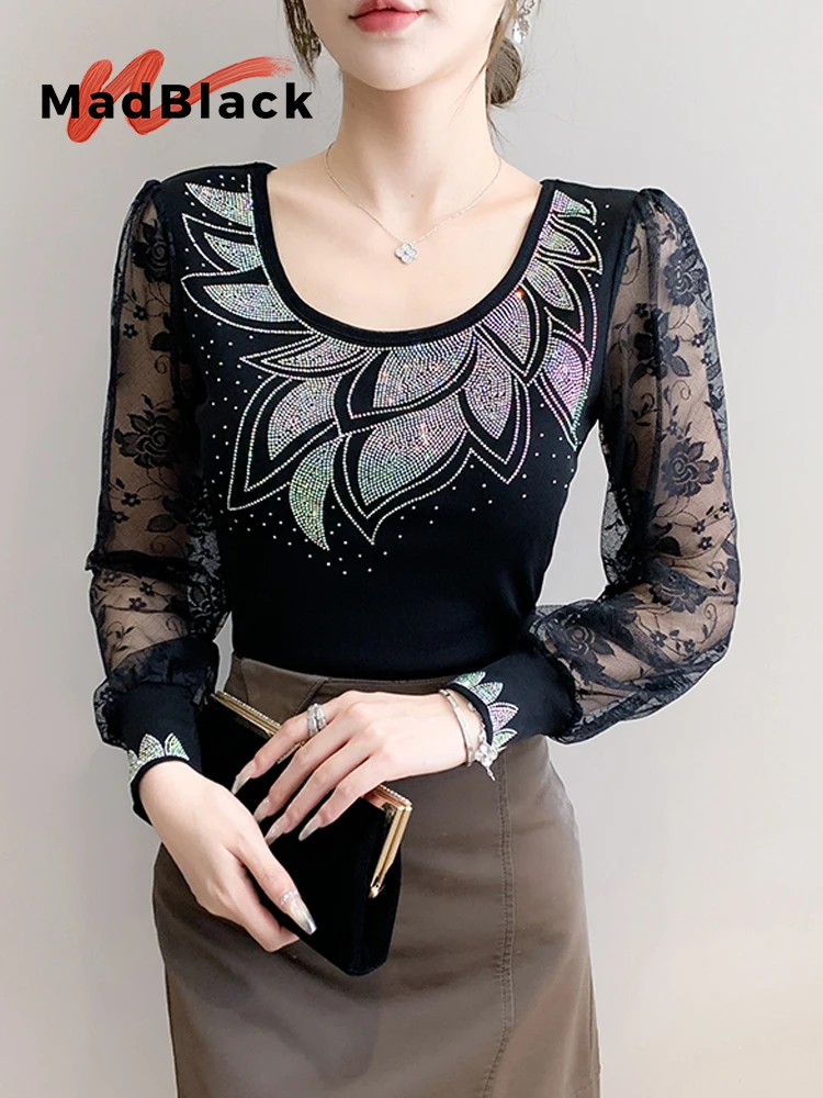 

MadBlack-Женская европейская футболка, сексуальное кружево с круглым вырезом и бриллиантами, уличная тонкая трикотажная футболка с длинными рукавами M-3XL, новинка осени 2023 года T59736CC