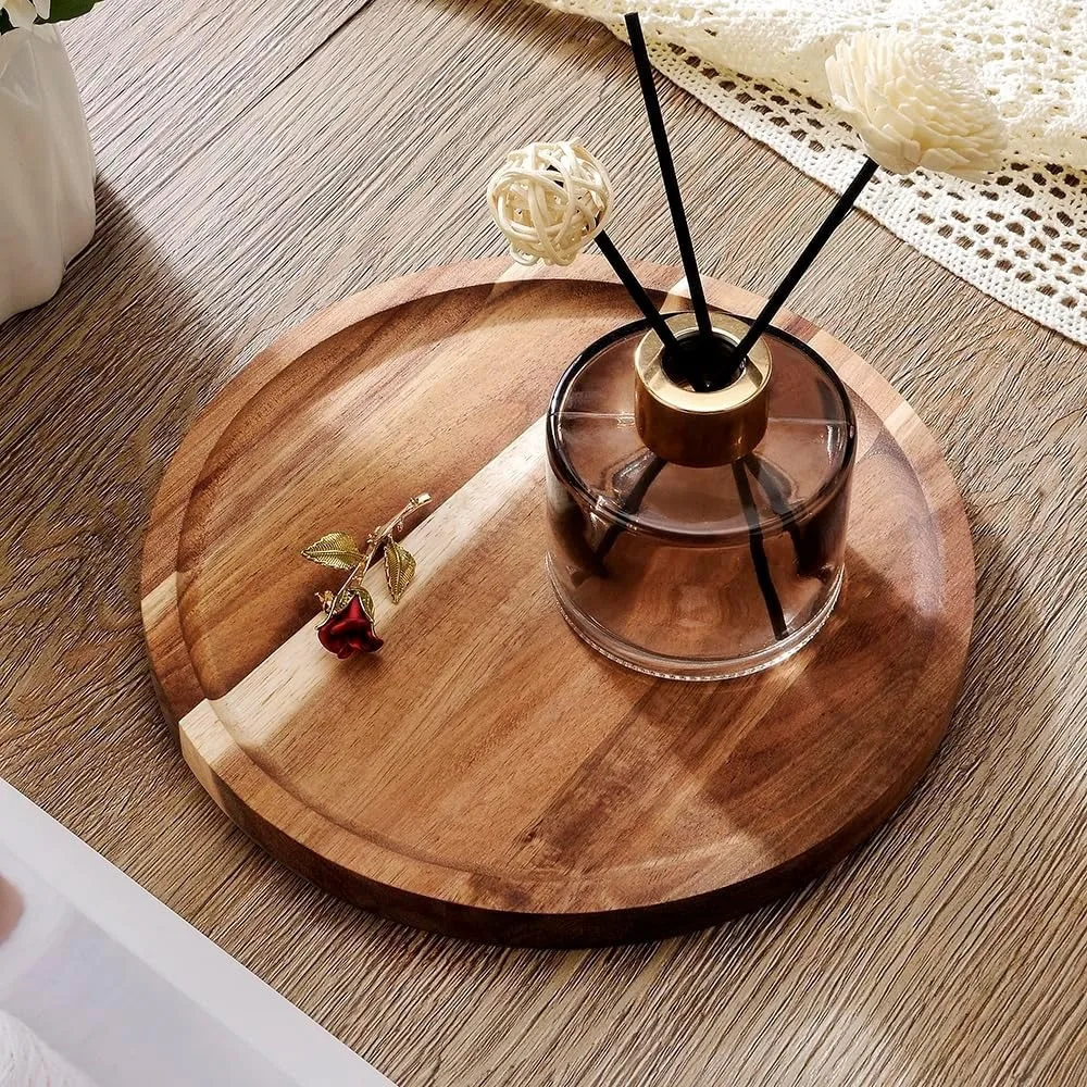 

Round Acacia Wood Tray, Aromatherapy Ornament, Storage Tray, Creative Solid Wood Acacia Wood Plate, Home Kitchen