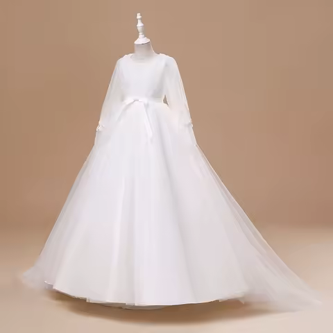 Long Sleeve White Lace Bridesmaid Dresses Teens Girls Birthday Princess Party Dress Children Formal Wedding Evening Vestidos