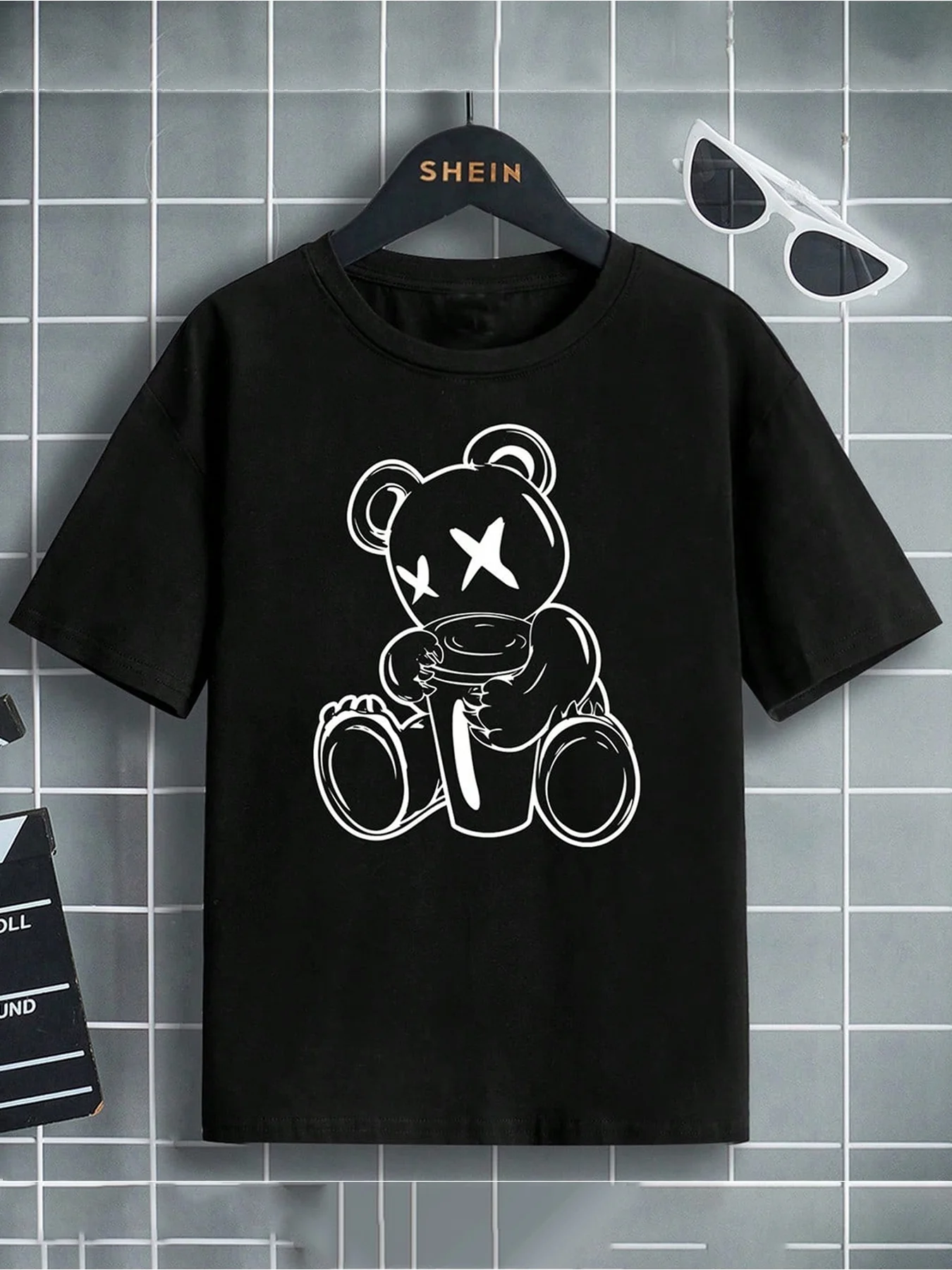 Trendiges Cooles Bären-Print T-Shirt für Kinder 2026 High-Street-Style Lässige Bequeme Schwarze Kinderkleidung
