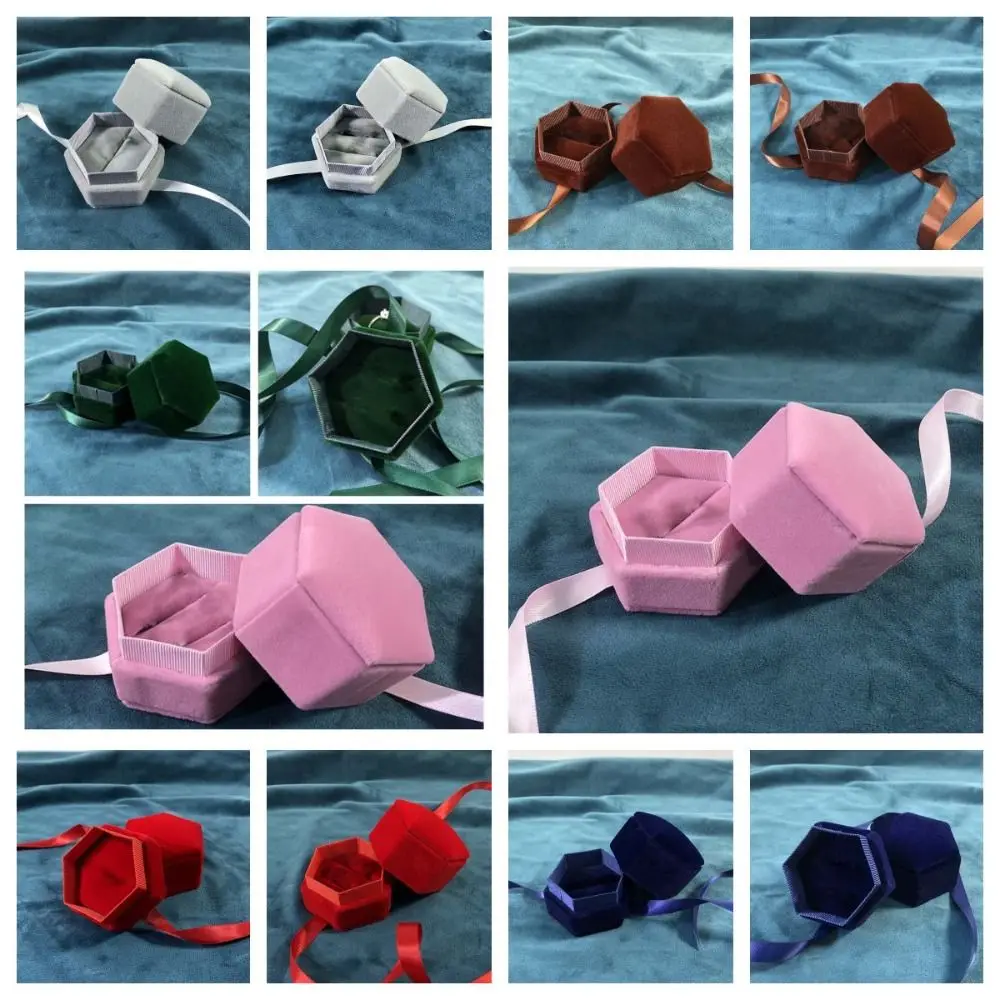 المخملية يتدفقون حلقة صندوق الشريط بلون سداسية صندوق مجوهرات القرط تخزين ثلاثي الأبعاد حلقة عرض حالة الطرف