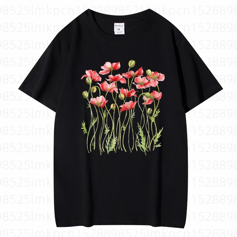 Roze Cosmos Bloemen Limonade Madeliefjes Print Vrouwen Mode Esthetiek Grafische Korte Mouw Zwart T-shirt Polyester Vrouwen T-shirt