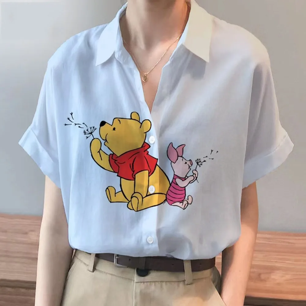 Summer Ladies New Disney Brand Winnie The Pooh And Stitch Anime Harajuku Short Sleeve Shirt Fashion Casual Women's Kawaii Tops