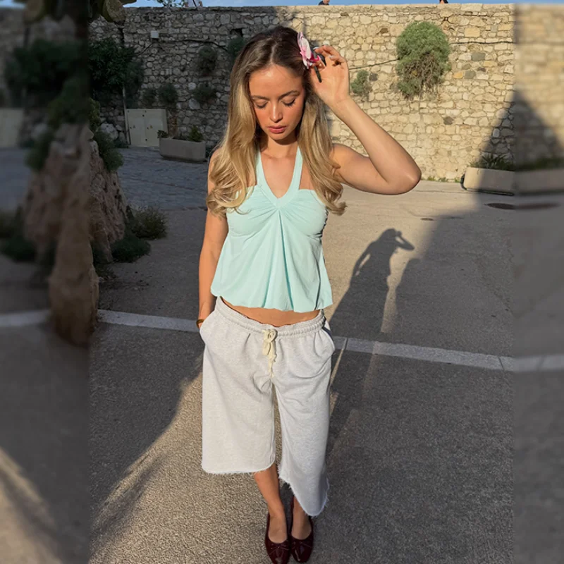 Sweet Coquette Mint Turquoise Halter Camis Top Designers Vintage Stylish Women Tops Glamorous Versatile Trendy Daily Outfit