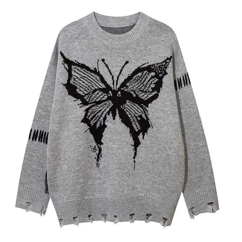 Butterfly Printed Oversized Knitted Sweater Men Harakuju Streetwear Pullover Tops Hi Street