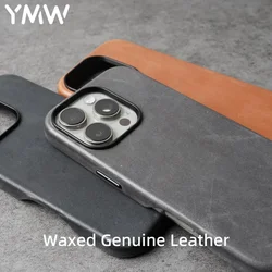 YMW Waxed Genuine Leather Case for iPhone 16 Pro Max 15 14 Magnetic Vegetable Tanned Cowhide Phone Cover