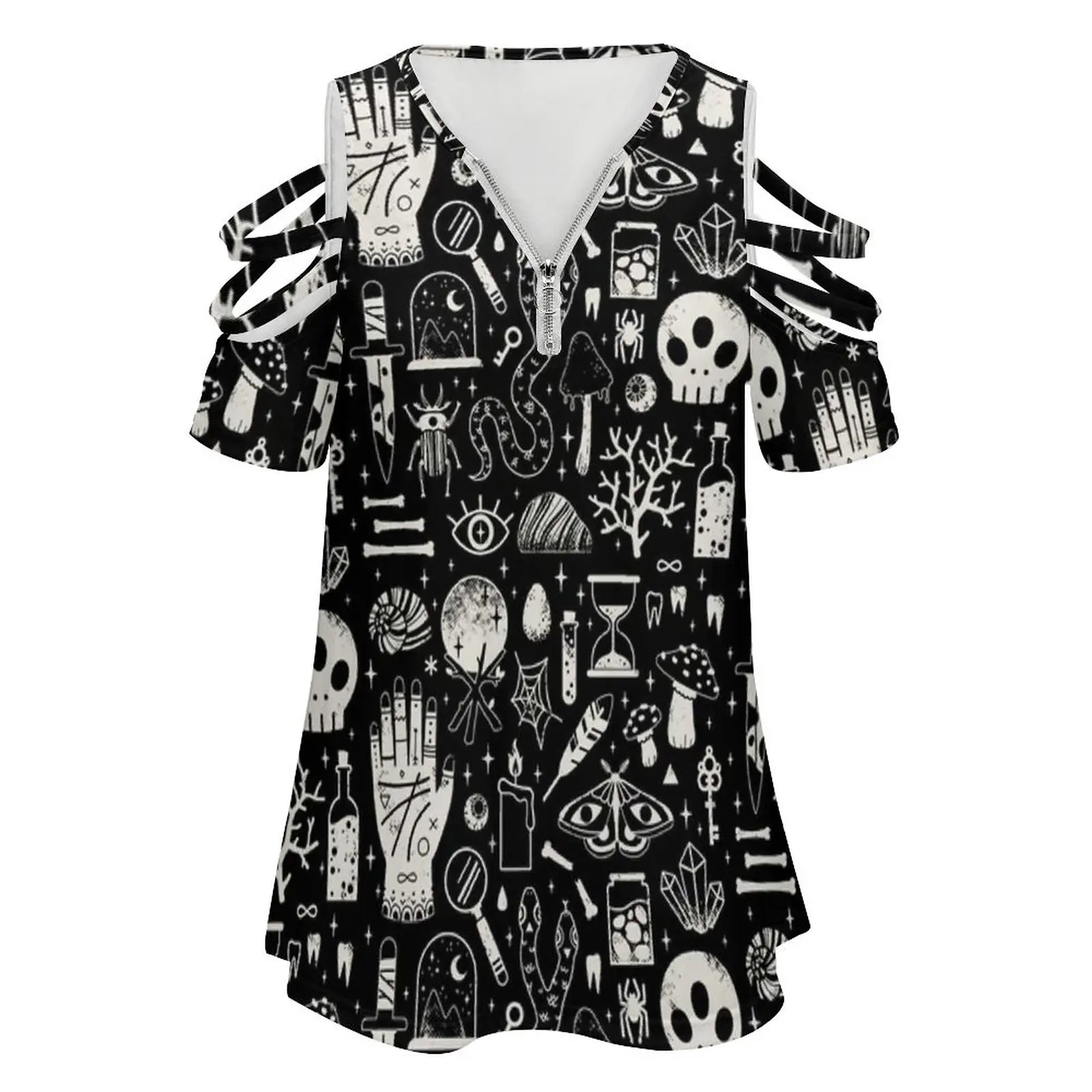 Curiosities : Bone Black Women'S T-Shirt New Fashion Printed Zipper V-Neck Short Sleeve T Shirts Casual Plus Size Cabinet Of