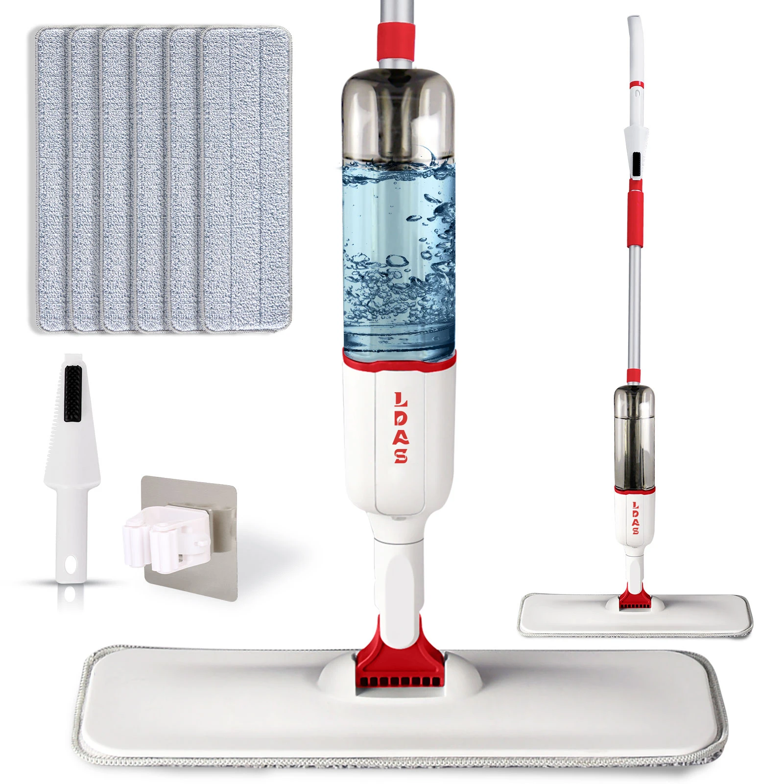 DARIS Spray Mop, 470ml Bottle, 6 Microfiber Mop Pads, Scraper, Mop Clip, Wet and Dry Use, Flat Floor Cleaning Mop