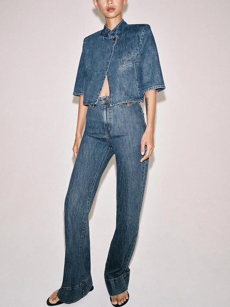 Women's Short Sleeve Suit Jacket Autumn New Arrival Denim Jeans European Style Fashion Ladies' Premium Short Outerwear