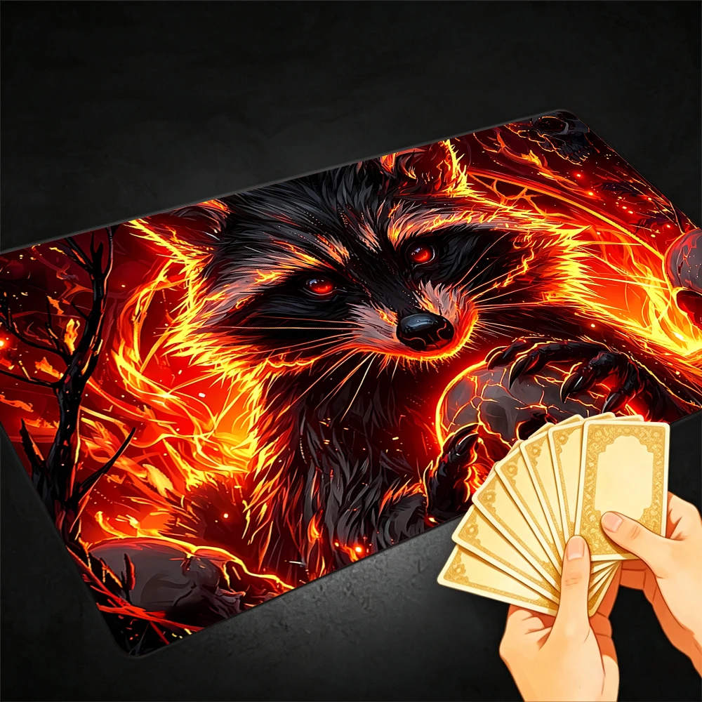 Dark Flame Raccoon TCG Playmat Magic Playmat Gathering Gaming Mat with Stitched Edge Anti-slip base 60X35cm Trading Card Game
