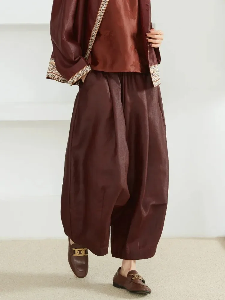 2026 Women's Fashion Spring and Summer Clothing 100% Natural Mulberry Silk Red Cloud Yarn Elastic Waist Loose Straight Leg Pants