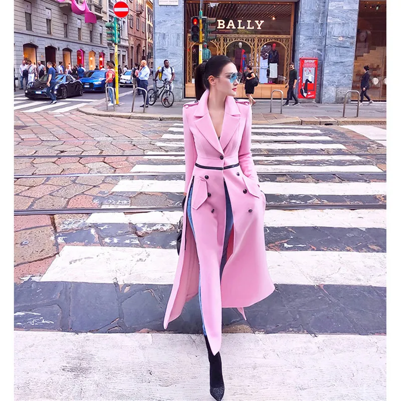 2023 Autumn Winter Women's New Long-sleeved Lapel Split Fashionable Temperament Slim Waist Lengthened Pink Jacket Woolen Coat