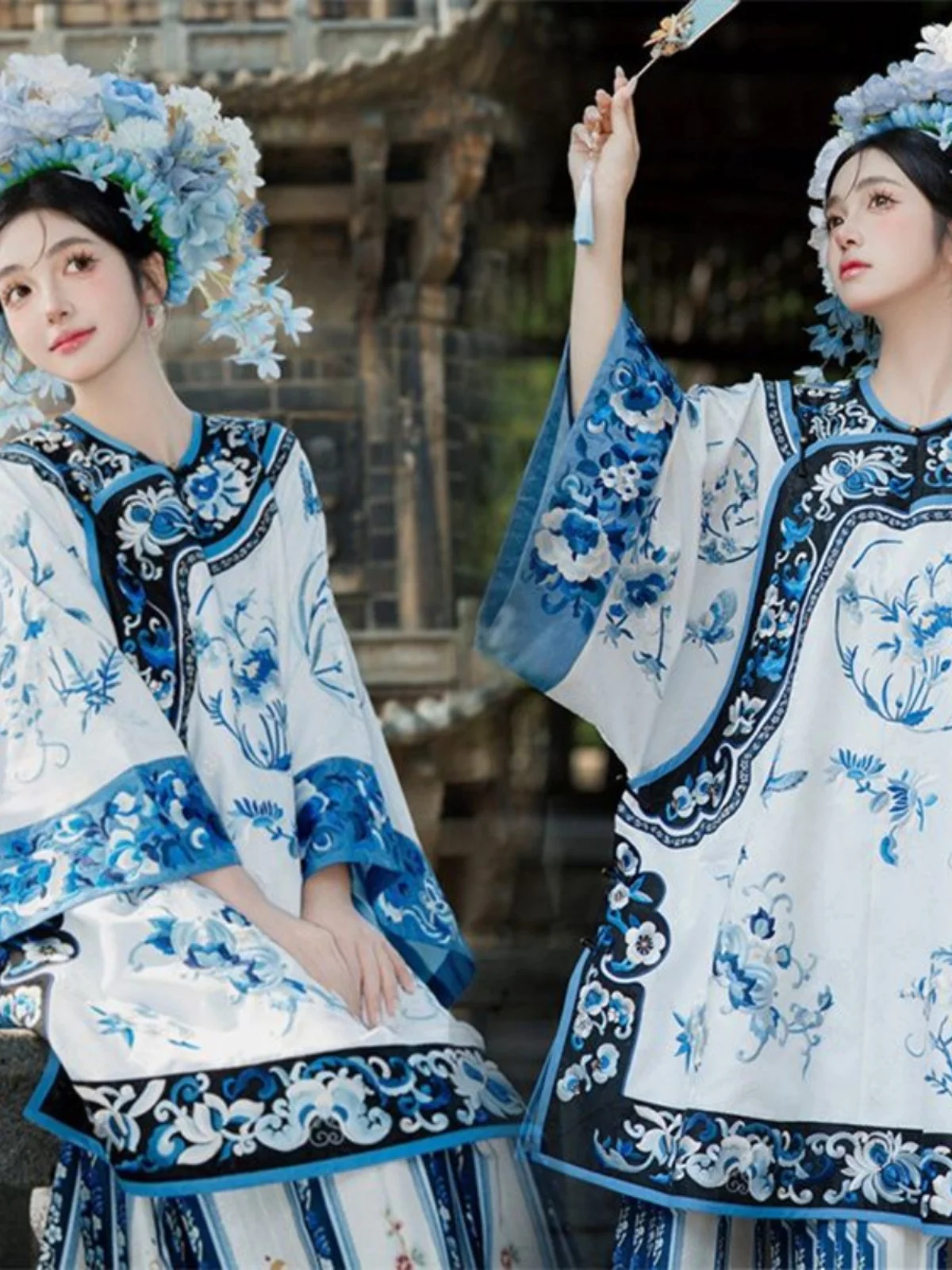 

New Women's Hanfu Hairpin Floral Qinghua Porcelain Retro Clear Han Women's Gege Uniform Set Travel Photography Costume