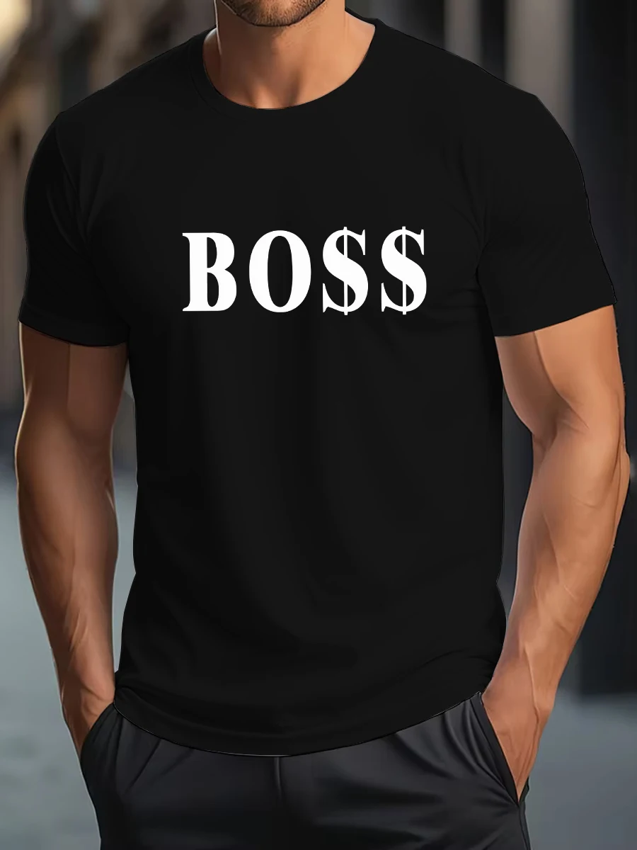 تي شيرت رجالي صيفي 100% من القطن الخالص لعام 2025 مع مطبوعات حروف BOSS، بلوزة عصرية، كاجوال بأكمام قصيرة