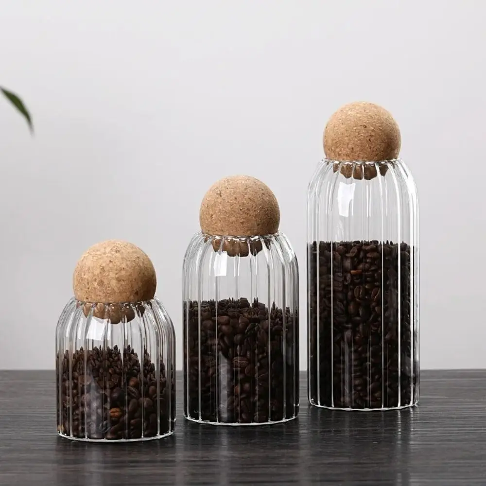 Transparent Storage Jars Sealing Tea Coffee Sugar Household Glass Stripe Glass Storage Bottle Clear with Cork Ball Lid