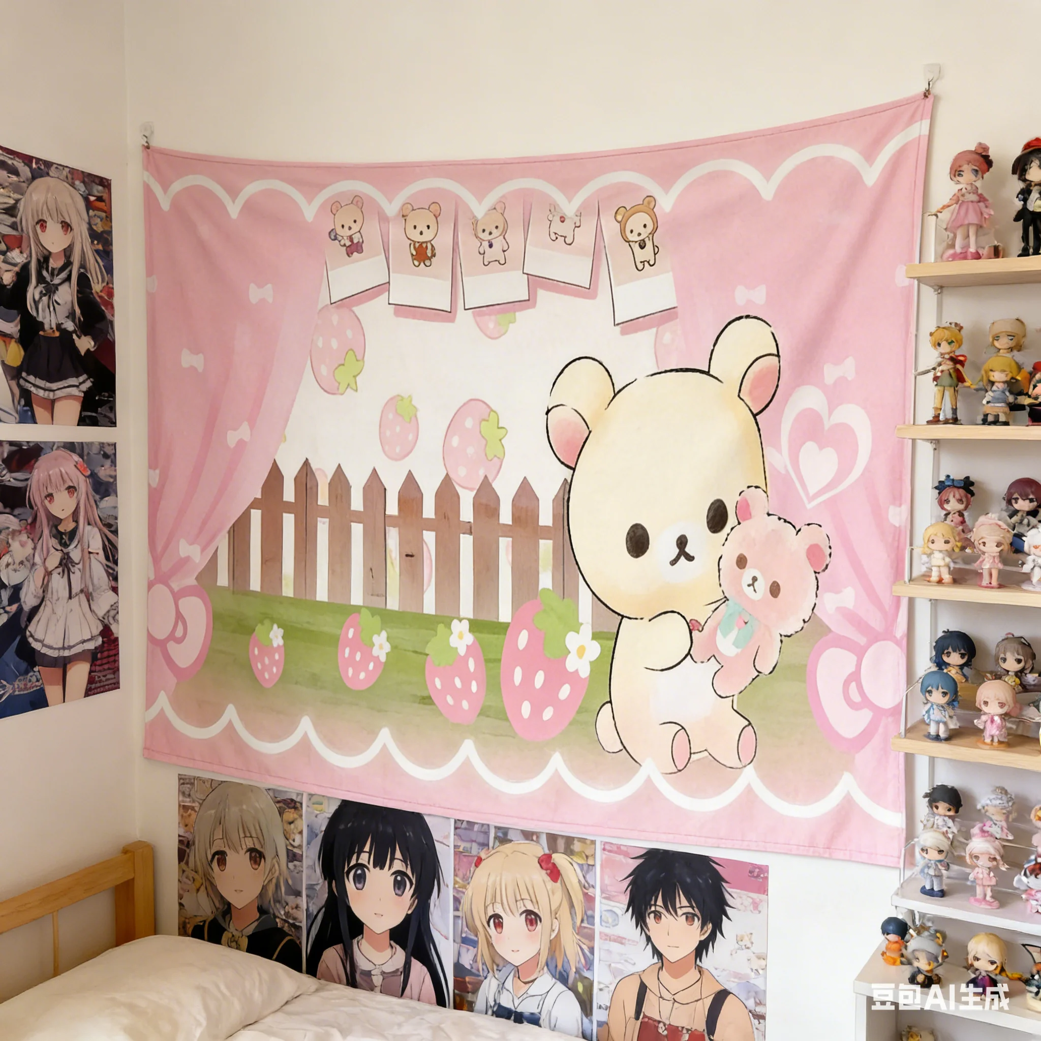1pc Kawaii Strawberry Bear Tapestry 2D Polyester Flat Print Cute Pink Bear with Strawberry Wall Hanging Decor for Bedroom Living