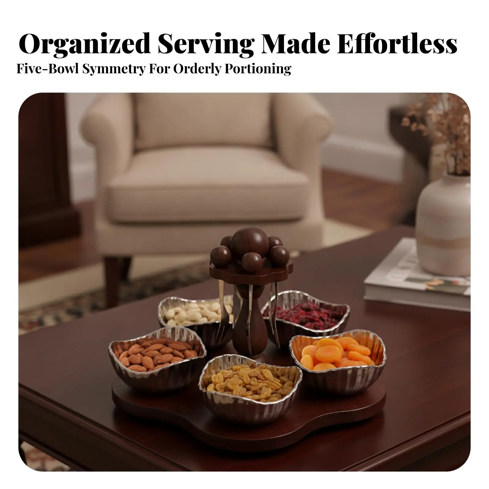 Party Snack Serving Tray with Turnable Ceramic Compartments for Living Room Coffee Table Use