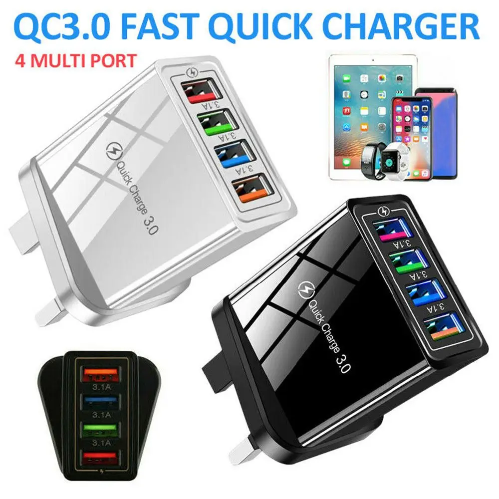 UK/US/EU Plug Universal 4 Multi Port Fast Quick Charger QC3.0 USB Hub Mains Wall Charger USB Transformer Power Supply Adapter