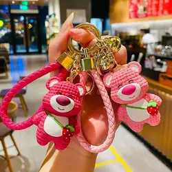 Disney Strawberry Bear Keychain Cartoon Anime Cute Doll Bag Pendant Car Key chain Ring Bag Charm Accessories Small Gift Keyring