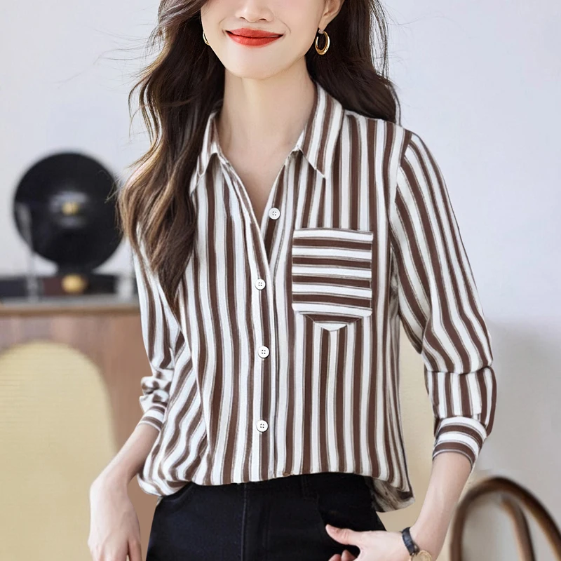 

Осенняя новая женская рубашка с отложным воротником и длинными рукавами, модные повседневные полосатые офисные женские шифоновые блузки с принтом
